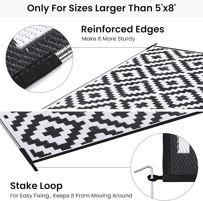 Smiry Waterproof Outdoor Rug 9X18 ft, Reversible Plastic Straw Patio Camping Rugs, Outdoor Indoor RV Mat Carpet for Patio, Outside Entry, Backyard, Deck, Bench, Picnic, Camper, Black & White