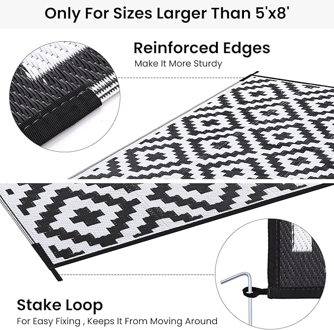 Smiry Waterproof Outdoor Rug 10X14 ft, Reversible Plastic Straw Patio Camping Rugs, Outdoor Indoor RV Mat Carpet for Patio, Outside Entry, Backyard, Deck, Bench, Picnic, Camper, Black & White