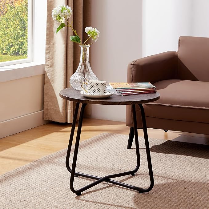 VECELO 17.7 inch Small Round Outdoor Side Table,Patio End Table,Waterproof Wood Table with Weather Resistant Steel Adjustable Feet for Living Room Bedroom Garden Yard Balcony Porch Poolside