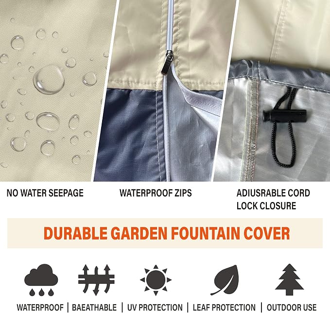 SOKINGCOVER Fountain Cover 36"x42" Heavy Duty 420D Waterproof with Zipper Access & Drawstring — Small Garden Bird Bath Fountain Cover for Winter Freeze Protection, UV & Water Resistant
