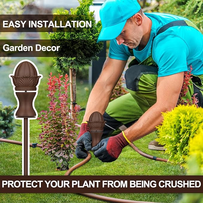 Tandefio 3 Pcs Garden Hose Guide Stake 12 Inch Heavy Duty Resin Hose Guide Stake Decorative with Flower Design for Yards Gardens Pathways and Lawns (Brown)