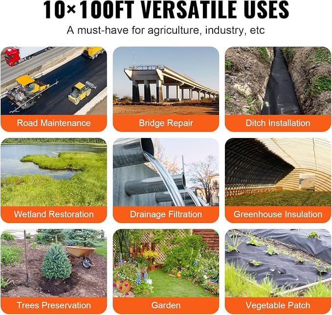 VEVOR Geotextile Landscape, 10ft x 100ft 8 oz Non-Woven PP Drainage 350N Tensile Strength & 440 N Load Capacity, for Ground Cover, Garden Fabric, French Drains, Black | Excellent Permeability and Breathability,Withstand Harsh Environment