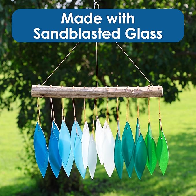 Blue Handworks Gradient Ocean Waterfall & Driftwood Glass Leaves Chime - Sandblasted Glass and Found Wood Handcrafted Wind Chime