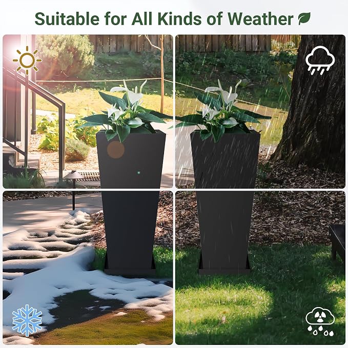 30" Metal Tall Outdoor Planters Set of 2, Durable & Wealtherproof | Tall Planters with Drainage Insert Shelve & Trays, Black Outdoor Planters for Porch, Garden, Yard