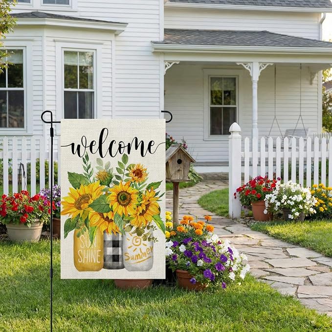 CROWNED BEAUTY Summer Sunflower Garden Flag Mason Jar Double Sided 12x18 Inches Small Burlap Seasonal Welcome Yard Porch Decoration for Outside