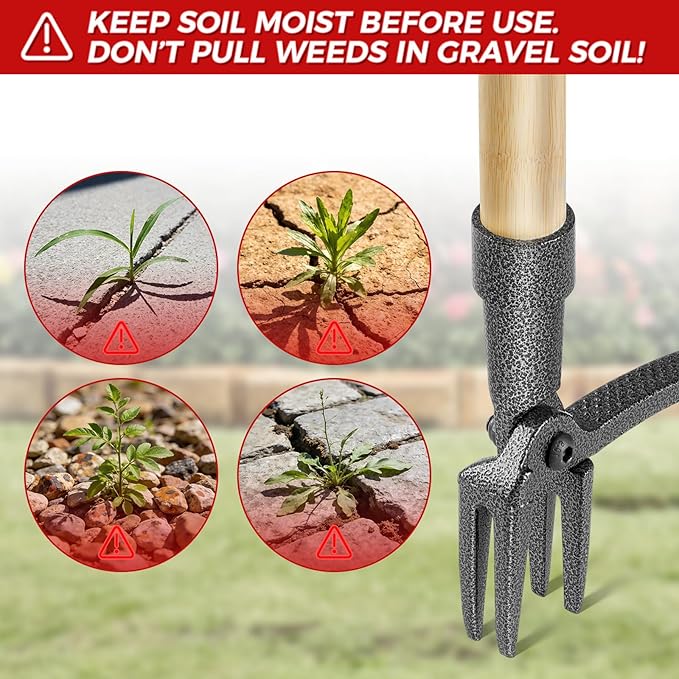 Weed Puller Tool, Stand Up Heavy Duty Weed Remover Tool with Long Handle – 4-Claw Steel Head Weeder for Dandelions, Bamboo Garden Hand Weeding Tool, No Kneeling for Easy Root Removal