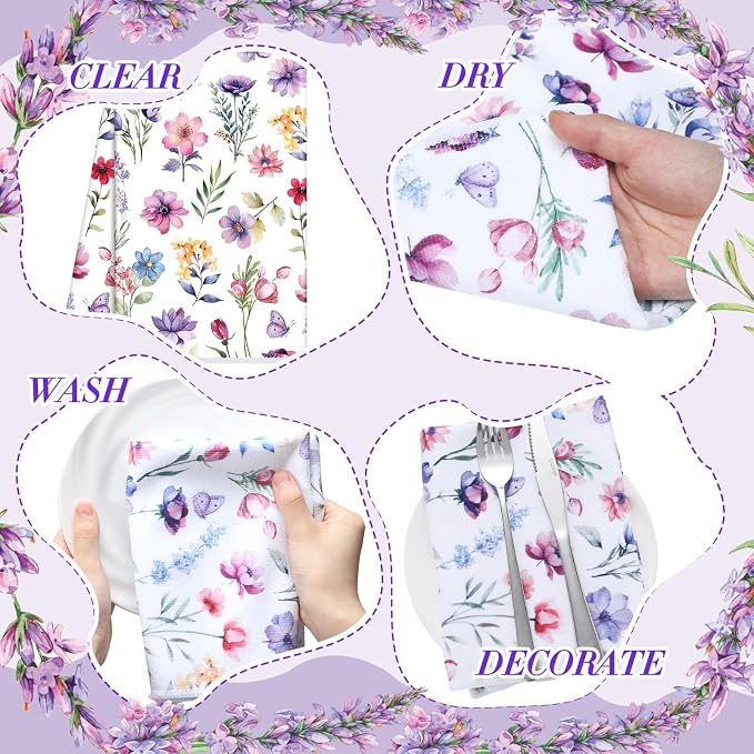 Oudain 6 Pcs Lavender Summer Kitchen Towel Set Decor Purple Floral Hand Dish Towels Decorative 18x24 Inch Wildflower Butterfly Tea Cloths for Housewife Gift Summer Holiday Bathroom Kitchen Accessories