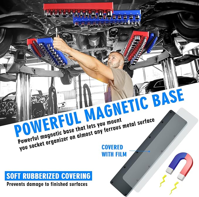 Magnetic Socket Organizer Set, 6-Piece Socket Holder Trays for 1/4" 3/8" 1/2" Drive, Holds up to 143 Sockets, Compatible with Metric and SAE Sizes (Blue & Red)