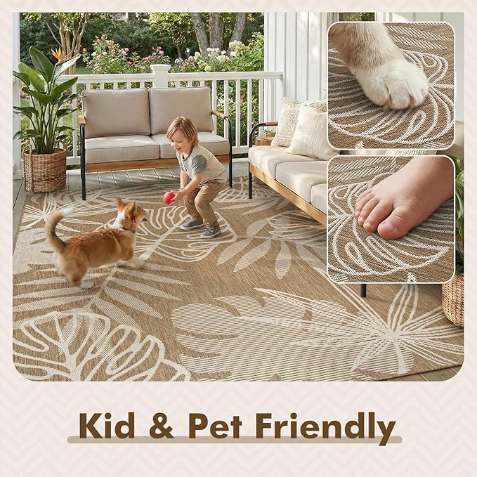 MontVoo-Outdoor Rug-Patio Rug 6x9 ft Polypropylene Indoor Outdoor Rugs Outdoor Carpet for Patio Deck Balcony Porch, Textured Weave, Durable for High Traffic, Fade-Resistant, Tropical Neutral Brown