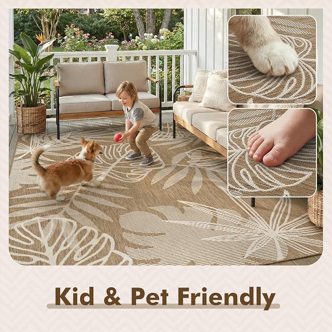 MontVoo-Outdoor Rug-Patio Rug 8x10 ft Polypropylene Indoor Outdoor Rugs Outdoor Carpet for Patio Deck Balcony Porch, Textured Weave, Durable for High Traffic, Fade-Resistant, Tropical Neutral Brown