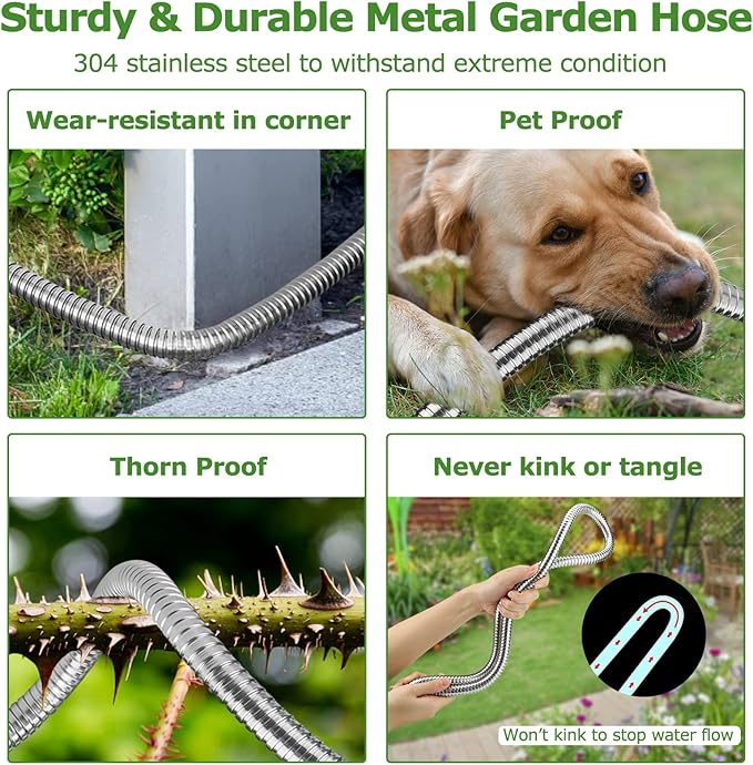 Metal Hose 50 FT, Garden Hose with 10 Function Sprayer Nozzle & Adjustable Nozzle, Garden Hose Rust Proof Kink Free & Tangle Free Flexible for Lawn, Car, RV, and Outdoor Watering