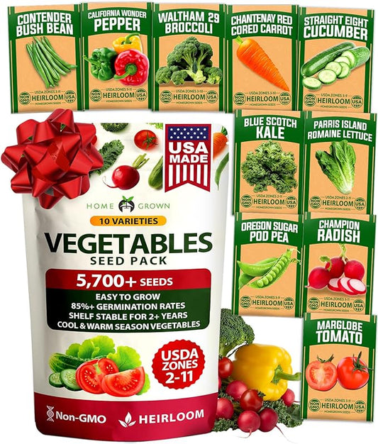 HOME GROWN 10 Variety Survival Seed Vault 5,700+ USA Grown Heirloom Non-GMO Vegetable Seeds for Planting, High Germination, Garden Starter Kit, Emergency Food Supply, Indoor Outdoor