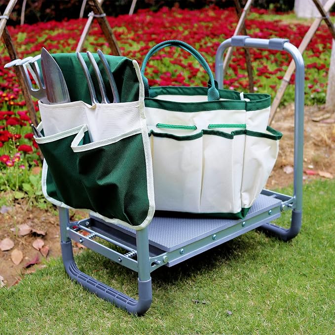 BDL Garden Cart Outdoor Rolling Garden Workseat with Wheels, Heavy Duty Garden Tool Cart with Extendable Handle and Storage for Seniors Yard Gardening Work