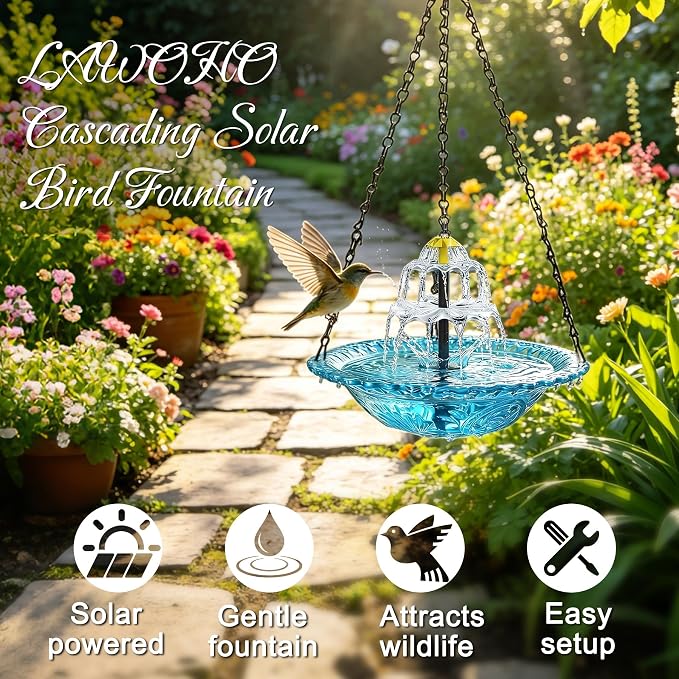 Solar Powered Water Fountain Hanging Bird Bath with Solar Fountain Solar Powered Cascading Water Fountain,3 Tier Solar Pump for Bird Bath Small Water Garden Fountain Water Feature