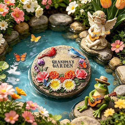 Grandma's Garden Stepping Stones for Mother's Day with Cardinal Robin Birds Flowers Butterflies, Round Resin Stepping Stones for Garden Yard Walkway Patio Grandma Gifts Birthday Retirement