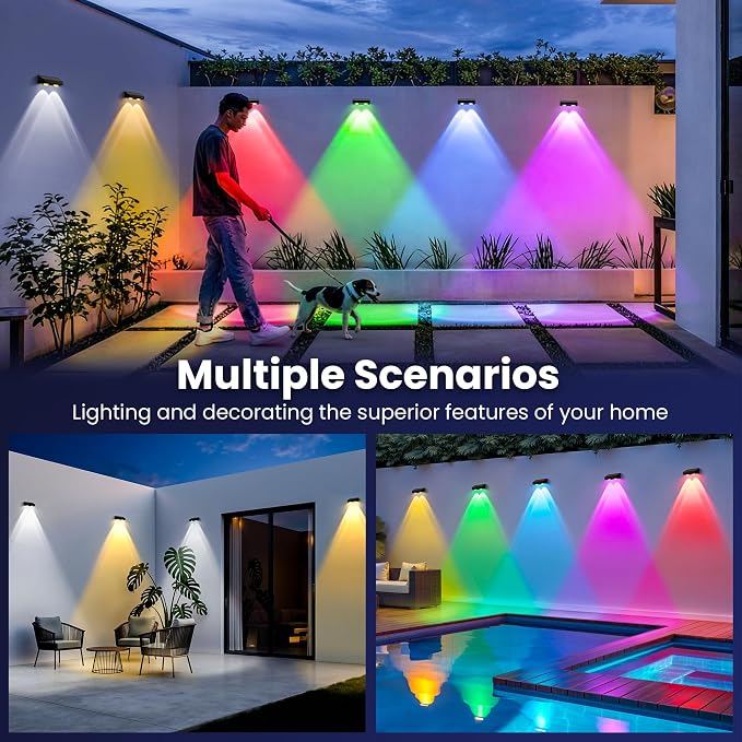 Solar Fence Lights Outdoor,50 LM 11 Modes & 9 Colors Solar Lights with Brighter LED Focus Lens Waterproof IP65 for Wall Backyard Deck Patio Porch Step Railings Pool Decor（4 Pack）