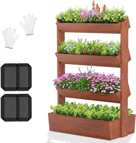 DoCred Vertical Wooden Raised Garden Bed, 4 Tier Garden Planters Freestanding Wood Plant Stand Flower Rack Wooden Planter Box for Plants Herbs Flowers Vegetables Outdoor Indoor Gardening