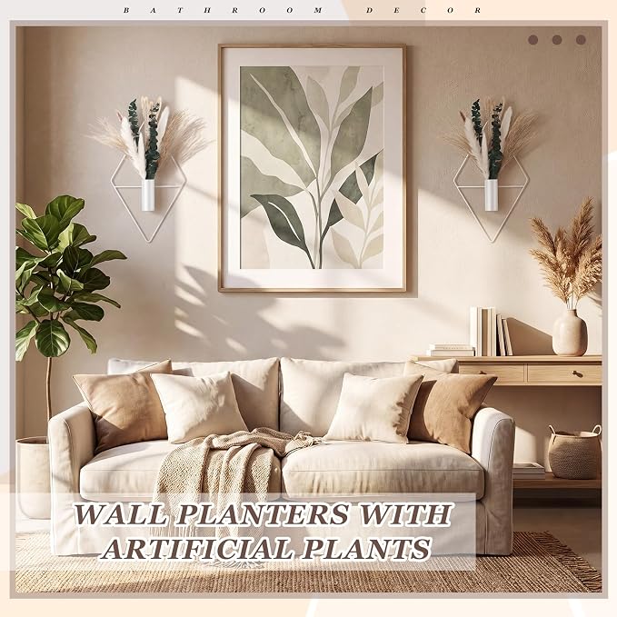 Canlierr 4 Pcs White Wall Decor Hanging Planters with Artificial Plants Eucalyptus Pampas Grass Metal Hanging Vase Indoor Plants Holder Modern Boho Wall Art for Bathroom Bedroom Living Room Decor