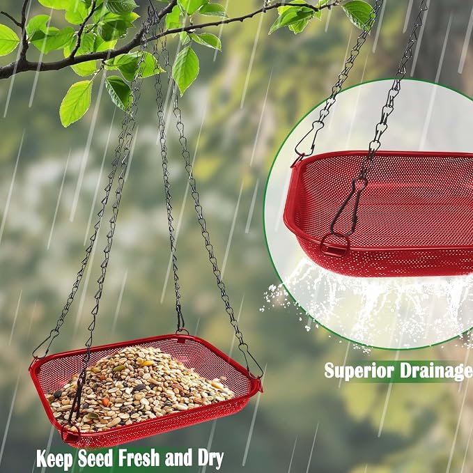 Hanging Bird Feeder for Outdoors – 12 x 8 in Rectangular Platform Bird Feeder, Metal Mesh Seed Tray for Wild Birds, Red