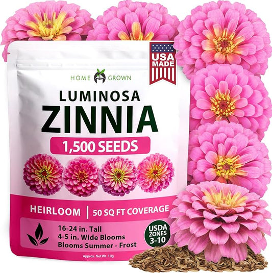 HOME GROWN Pink Zinnia Seeds – 1500 Luminosa Zinnias, Easy to Grow Annual Flower Seeds for Planting Outdoors for 2026, Fast Blooming, Heat Tolerant Herb Seed Garden Companion (Zinnia elegans)