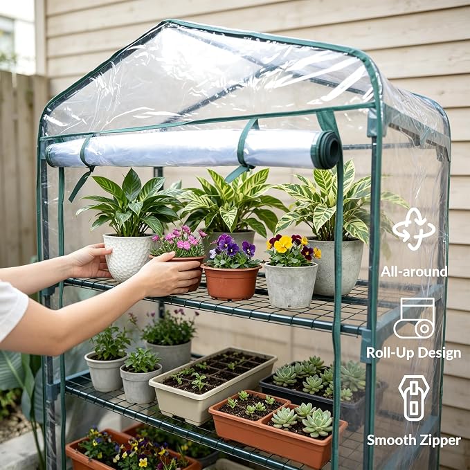 KOL 27x19x63 in PVC Cover 4-Tier Mini Greenhouse, Indoor Outdoor | Portable seed starter plant stand, winter orchid frost protection, for apartment balcony patio
