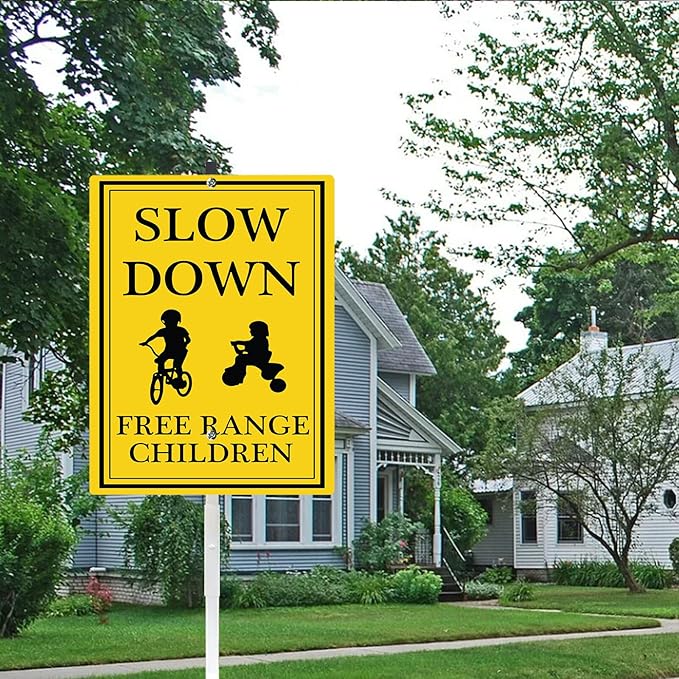 Slow Down Kids At Play Safety Signs for Street with Stake Free Range Children Playing Sign Rustproof Reflective Aluminum Caution Drive Slowly for Yard Driveway Neighborhoods