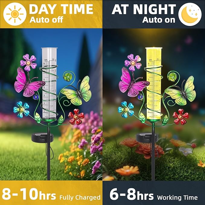 Butterfly Rain Gauge with 6 Inch Plastic Tube, Accurate Rain Gauges Outdoors Best Rated with LED Solar Lights Rain Measure Tool for Garden, Lawn, Patio