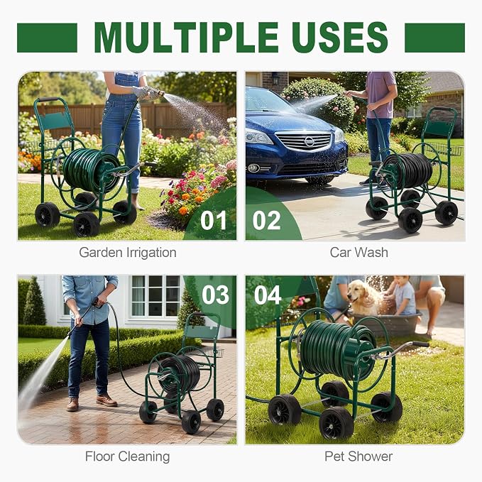 Outvita Garden Hose Reel Cart, Heavy Duty Water Hose Cart for Outside, Lawn Watering, for Garden, Yard, Lawn, Farm, Hold Up to 300 ft of 5/8’’ Hose, 4 Wheels, Storage Basket (Green)