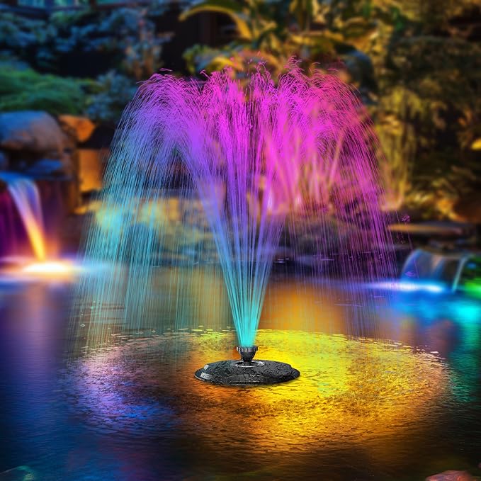POPOSOAP Floating Pond Fountain with RGB LED Lights, 660GPH Pond Pump 30Ft Cable Length with 3 Modes Sprinkler & 65.6Ft Mooring Line, Floating Fountain for Outdoor Pond