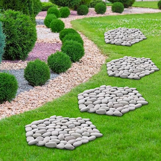 10in River Rock Stepping Stones Set - 6 Pack | Polished Pebble | Long-Lasting PVC Mesh Backing | Perfect for Garden Paths and Lawns Outdoor Landscaping Decoration | White Rhombus