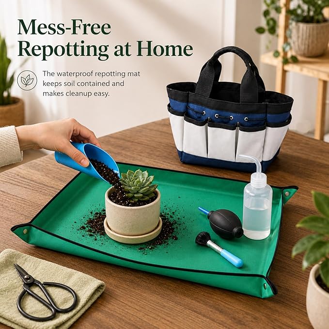 25 Pcs Succulent & Bonsai Tools Set for Beginners, Indoor Plant Care Tool Set with Repotting Mat, Organizer Tote, Soil Moisture Meter, Pruning Shears, Mini Garden Tools, Gardening Gift for Women Men