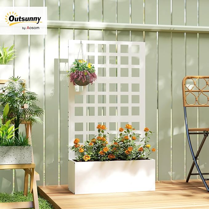 Outsunny Galvanized Raised Garden Bed with Trellis, Metal Planter Box with Drainage Holes, Outdoor Privacy Screen for Climbing Plants, Vegetable, Vines, 24" x 9" x 44.5", White