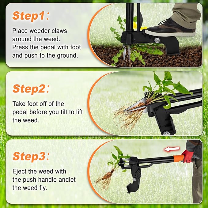Weed Puller Tool,4-Claw Heavy Duty Gardening Stand-Up Weeder Puller,Ergonomic Long Handle,3 High-Strength Stainless Steel Claws for Lawn Garden,Crabgrass,Dandelion,Thistle (Include gloves)