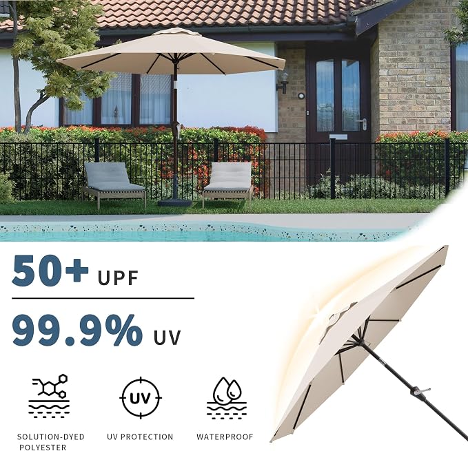 10FT Patio Umbrella, Outdoor Umbrella with Push Button Tilt and Crank, 8 Sturdy Ribs, UV Protection & Waterproof Market Umbrella for Pool, Backyard, Beach,Deck