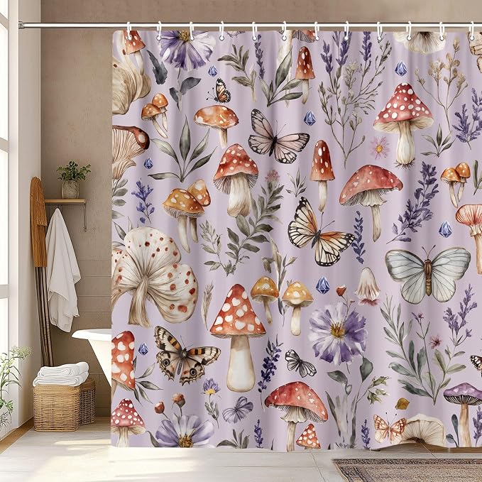 Purple Cute Musrhoom Shower Curtain, Rustic Boho Floral Fabric Shower Curtains for Bathroom, Vintage Chic Wildflower Butterfly Cloth Fairy Witchy Botanical Shower Curtain Set with Hooks 72X72 Inch