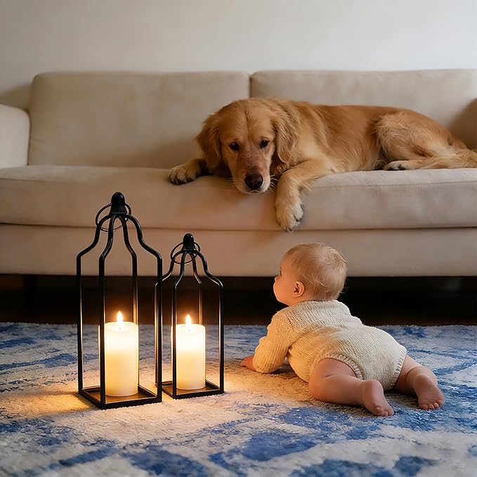 Rustic Farmhouse Decor Metal Lantern Set of 2 Decorative Lanterns for Home Indoor Outdoor Living Room, Fireplace, Patio, Wedding & Kitchen Table Centerpieces (Black, 16.9" 14.5")