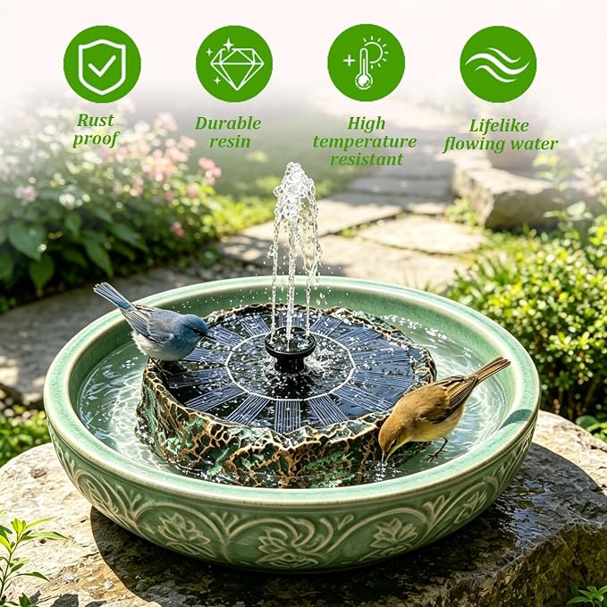Solar Bird Bath Fountain,Premium Plastic Faux Stone Water Fountain Pump with 6 Nozzles,Eco-Friendly Direct-Drive Floating Water Feature for Birdbath,Garden,Patio,Small Pond Decoration 7.8" Bronze