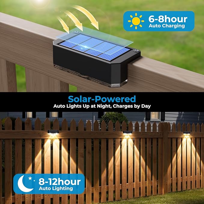 Peasur 8 Pack Solar Fence Lights Outdoor, Railing Light Solar Powered, IP65 Waterproof Led Deck Solar Lights for Outside Backyard Balcony Porch, Warm White