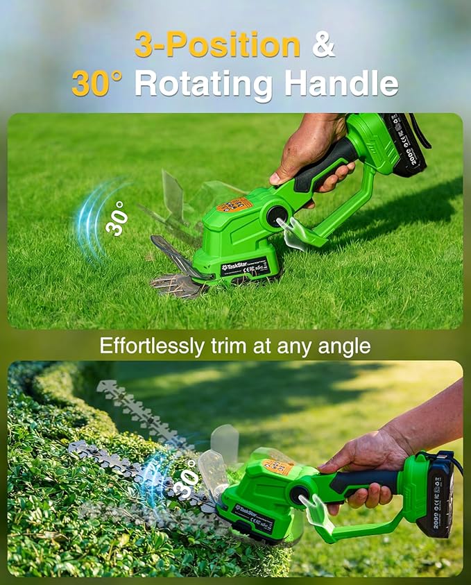 TaskStar 2-in-1 Hedge Trimmer Cordless: 20V Electric Bush Trimmer & Grass Shears - 2 PCS Rechargeable Battery, SK5 Blade, Rotating Handle, Lightweight Shrub Grass Clippers for Garden Yard Lawn