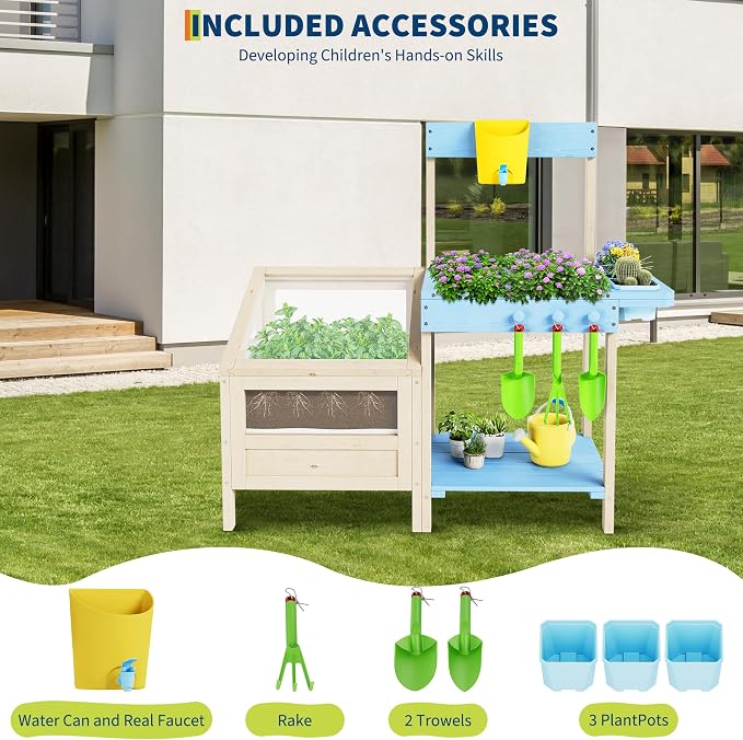 Outdoor Garden Potting Bench Table All-Weather Garden Table Work Station with Transparent Planter Box Raised Garden Bed 3 Side Plant Pots and Storage Shelf for Lawn Garden