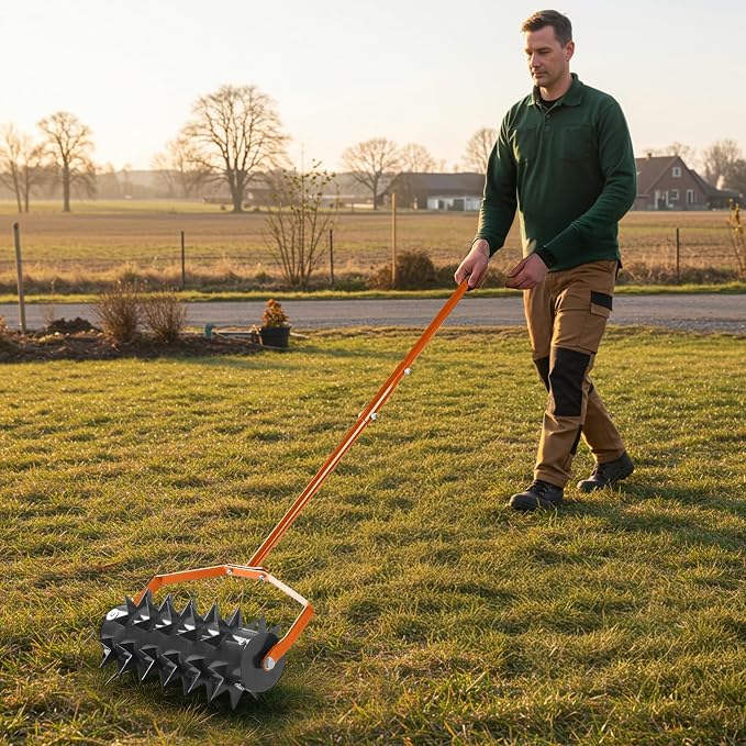 18in Rolling Lawn Aerator, Heavy Duty Manual Aerator Lawn Tool, Lawn Spike Aerator Roller with Adjustable Handle, Soil Penetrator Push Lawn Aeration for Garden Yard Patio (Orange)