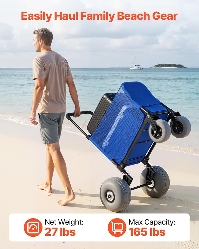 VEVOR Beach Cart, 165LBS Load Capacity, Portable Folding Beach Wagon Dolly with 12" Balloon Wheels for Sand, Storage Bag & 4-Level Adjustable Height for Outdoor Camping Fishing
