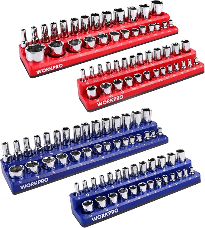 WORKPRO Magnetic Socket Organizer Set, 4-Piece Socket Holder Set Includes 1/4", 3/8" Drive Metric & SAE Socket Trays, Holds 108 Pieces Standard and Deep Size Sockets (Sockets not Included)