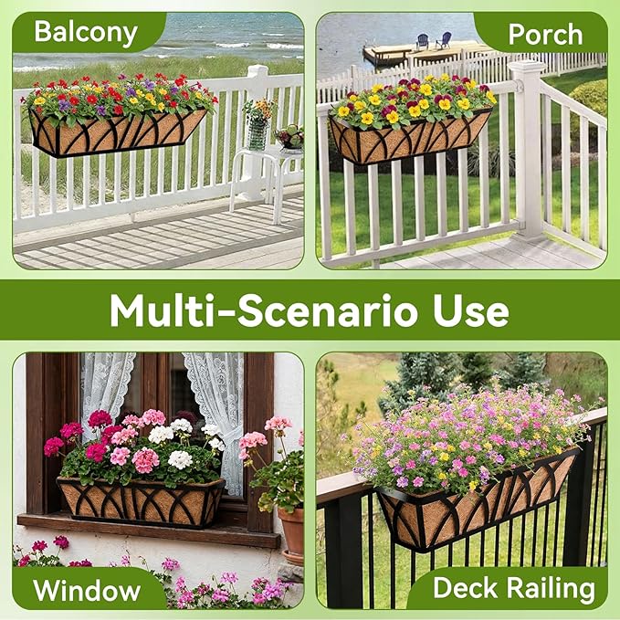 Halatool 24 Inch Railing Planter Box, 2 Pack Window Boxes Planters, Balcony Flower Boxes with Coco Liner & Adjustable Brackets, Hanging Planter Box for Outdoor Fence, Deck, Porch & Garden