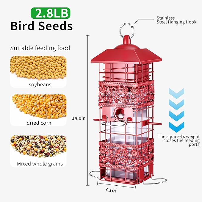 Squirrel Proof Bird Feeder, Weight-Activated Metal Bird Feeders for Outdoors Hanging, 4 Feeding Ports for Finches, Cardinals & Chickadees, 2.8LB Large Capacity Wild Bird Feeder, Red