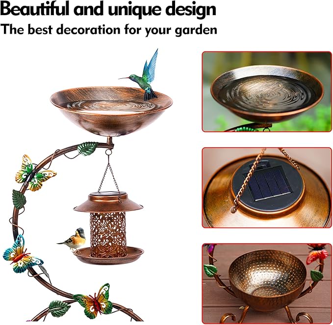 YADOOLIFE 37.8" Bird Bath and Solar Bird Feeders Combo with Flower Planter Pedestal, Metal Bird Baths for Outdoors, Decorative Birdbath with Butterfly for Outside Garden Yard, Weather Resistant
