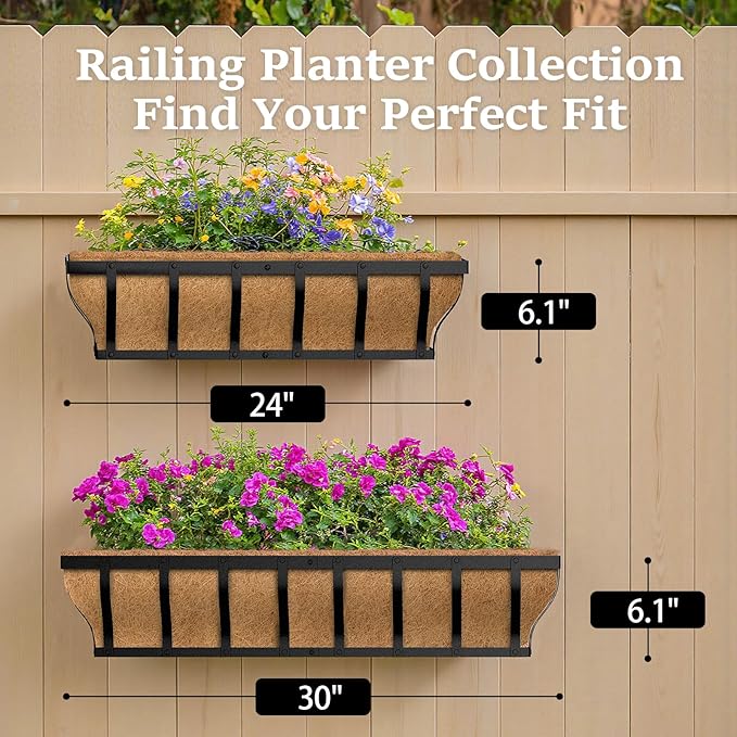 VOXOR Railing Planter Boxes, Heavy Duty Window Box Planters, Adjustable Balcony Planters for Railing Hanging, with Coco Liner for Deck, Porch, and Patio Gardening (3 Pack, 24 Inch)
