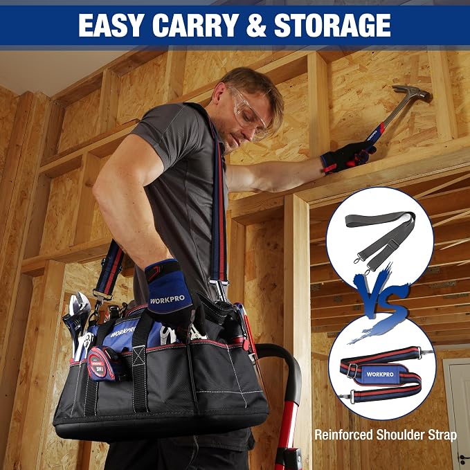 WORKPRO 16-inch Wide Mouth Tool Bag, Heavy Duty Cloth Tool Storage Bag with Water Proof Molded Base, Adjustable Shoulder Strap, Father Day Gifts for Men