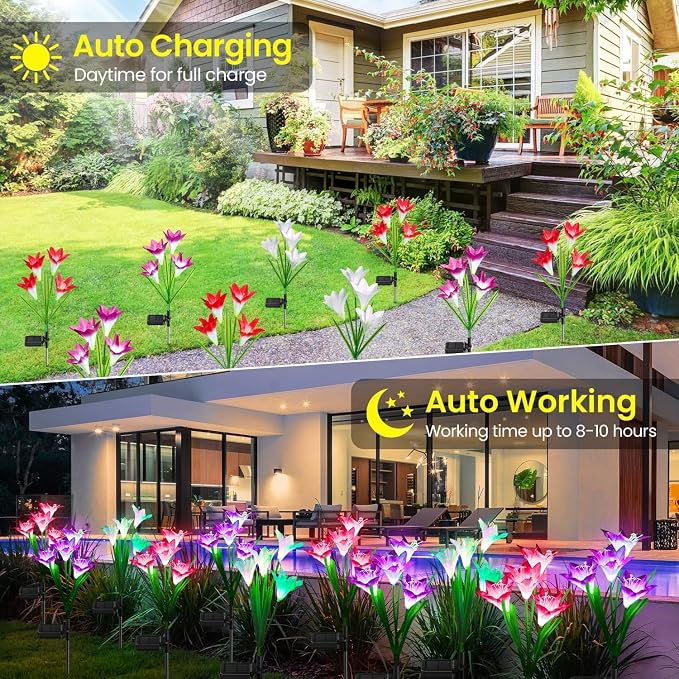 KOOPER Outdoor Solar Lights, 8 Pack Solar Garden Light with Bigger Lily Flowers, Waterproof 7 Color Changing Solar Lights Outdoor - Bigger Panel for Patio Yard Garden Decoration, Gift for Mom