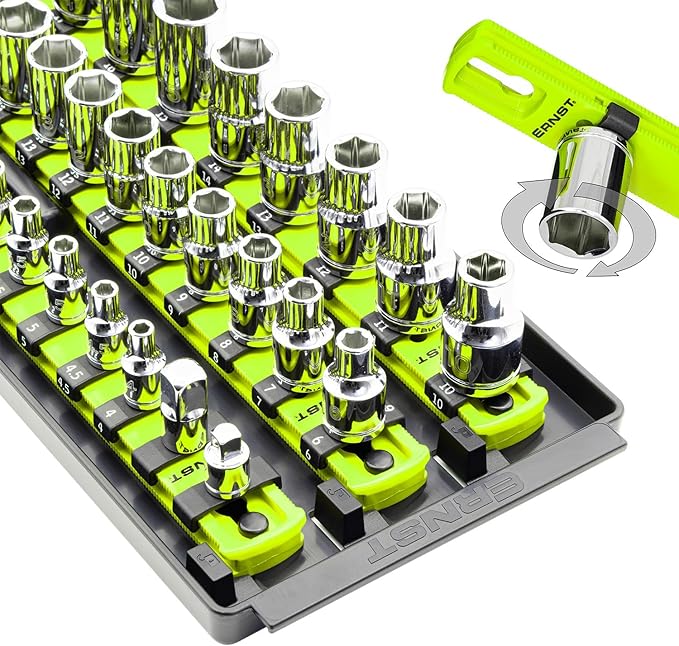 Ernst Manufacturing 8498HV 13-Inch Socket Boss, Premium 3-Rail Multi-Drive Socket Organizer, High Visibility - Made in USA